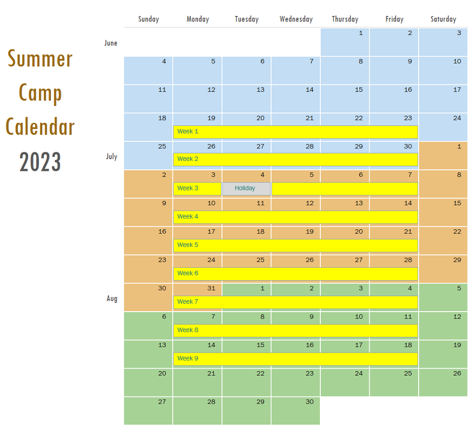 Summer Camp Calendar 2023